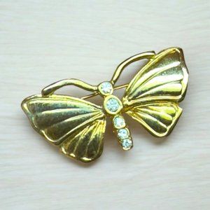 Vintage Gold Tone Metal Butterfly Brooch with Glass Clear Stones